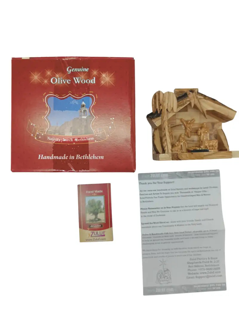 Olive wood nativity scene from bethlehem – gypsum holy family figures in handcrafted manger with bark roof & candle