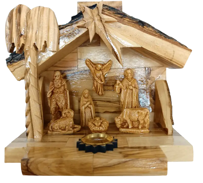 Olive wood nativity scene from bethlehem – gypsum holy family figures in handcrafted manger with bark roof & candle