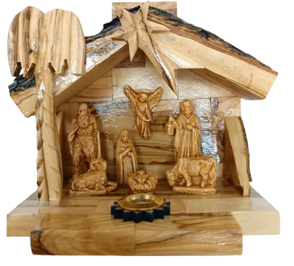Olive wood nativity scene from bethlehem – gypsum holy family figures in handcrafted manger with bark roof & candle