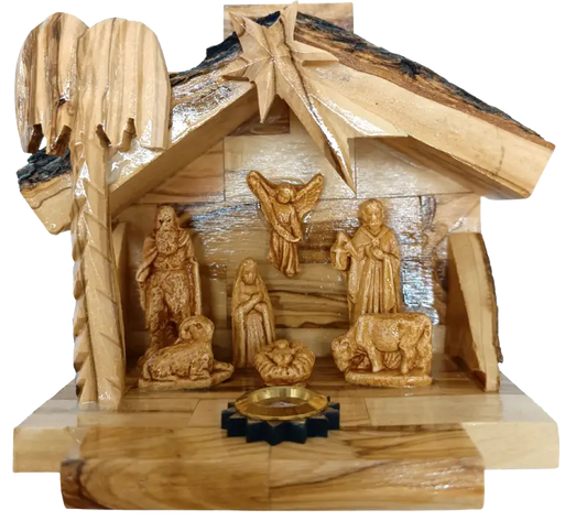 Olive wood nativity scene from bethlehem – gypsum holy family figures in handcrafted manger with bark roof & candle