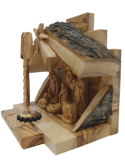 Olive wood nativity scene from bethlehem – gypsum holy family figures in handcrafted manger with bark roof & candle