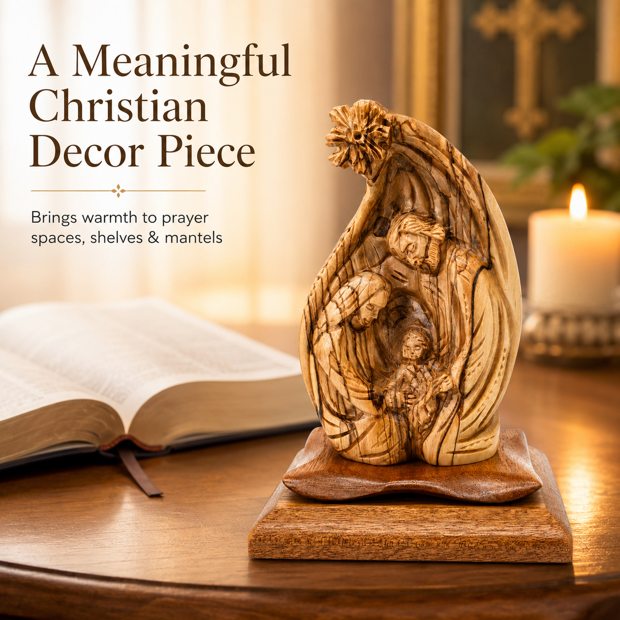 Olive wood Nativity scene beside an open Bible and a lit candle in a prayer space