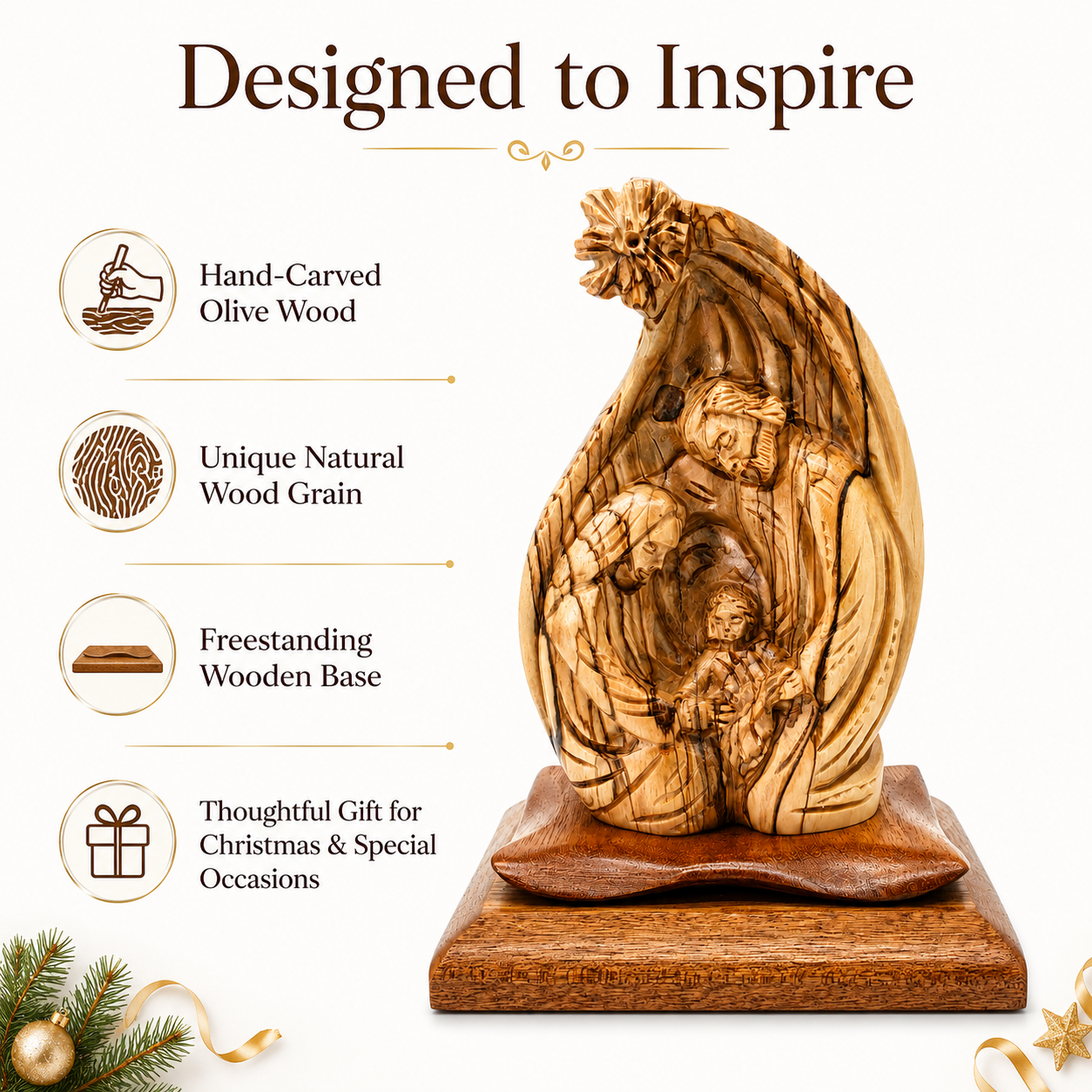 Olive wood Nativity scene features, hand carved olive wood, unique natural grain, freestanding base, Christmas gift