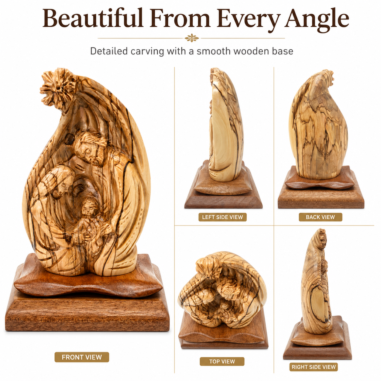 Olive wood Nativity scene shown from the front, left side, right side, back and top
