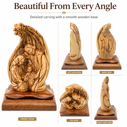 Olive wood Nativity scene shown from the front, left side, right side, back and top