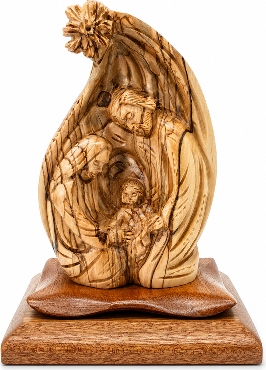 Olive wood Nativity scene hand carved in Bethlehem, Mary Joseph and Baby Jesus on a wooden base