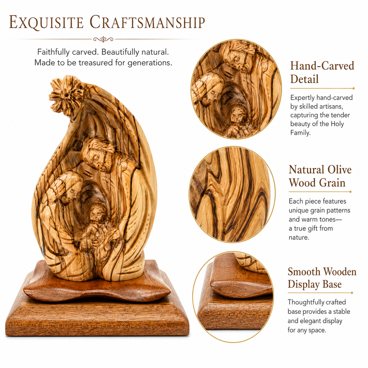 Close up of the hand carved detail, the natural olive wood grain and the smooth wooden display base