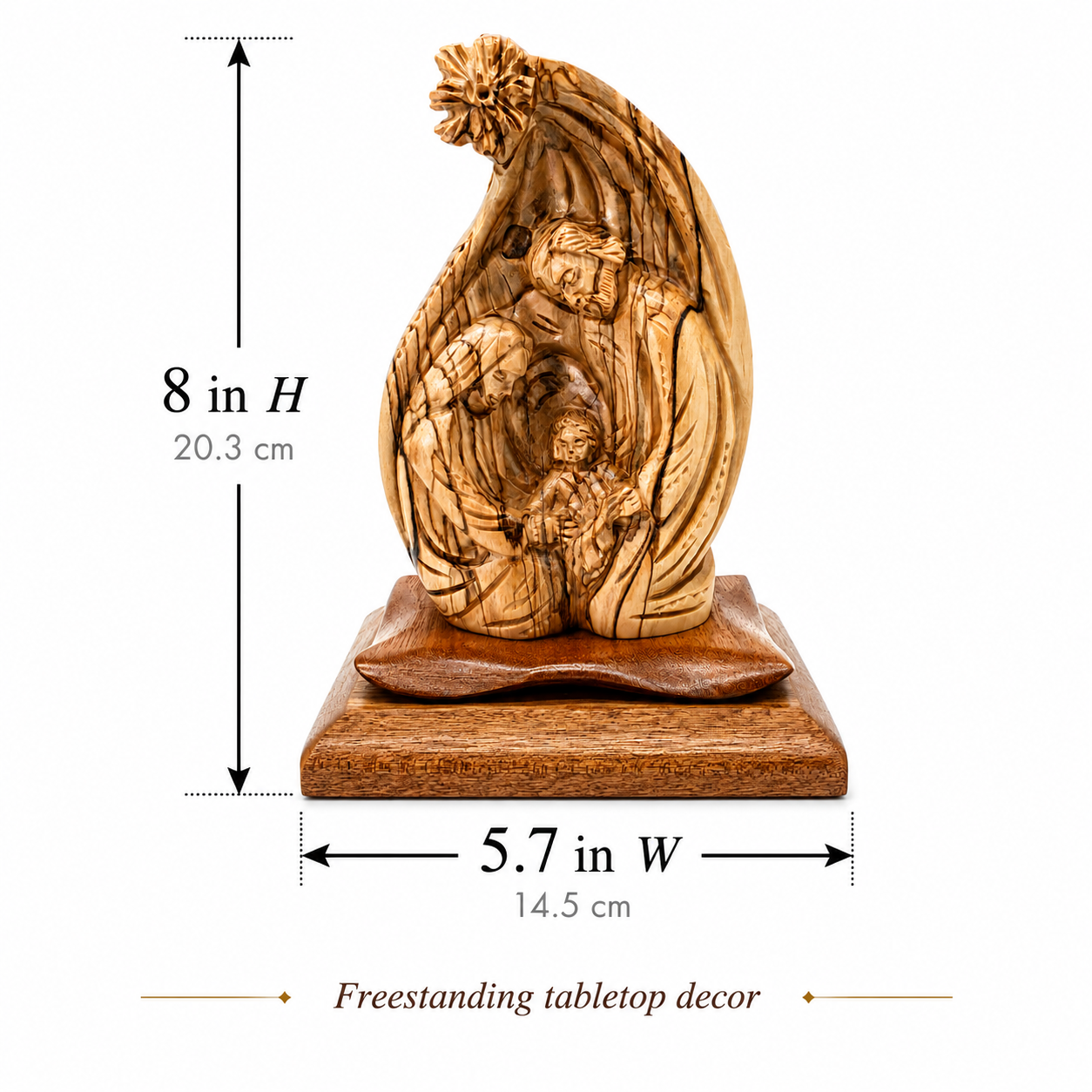 Olive wood Nativity scene dimensions, 8 inches tall and 5.7 inches wide, freestanding tabletop decor