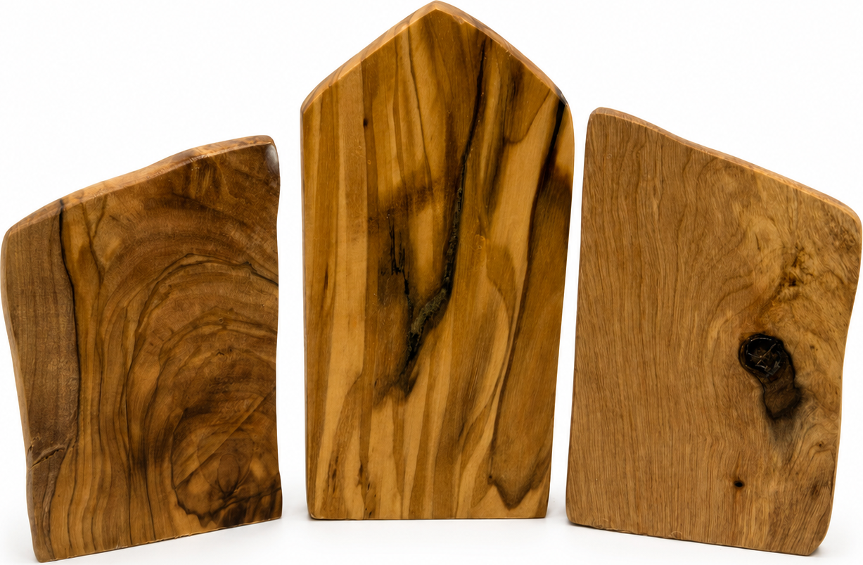 Olive Wood Nativity Set back view showing the carved reverse side, olive wood from Bethlehem
