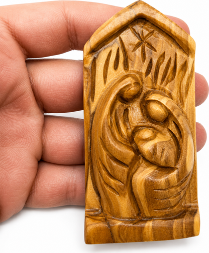 Olive Wood Nativity Set central figure held in hand, hand carved olive wood Bethlehem nativity