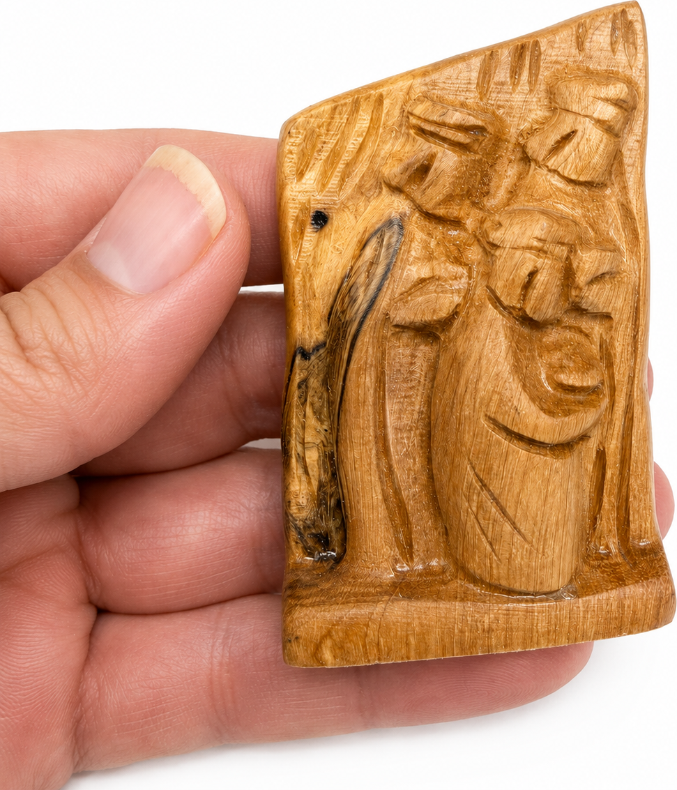 Olive Wood Nativity Set shepherd figure held in hand, hand carved olive wood Bethlehem nativity