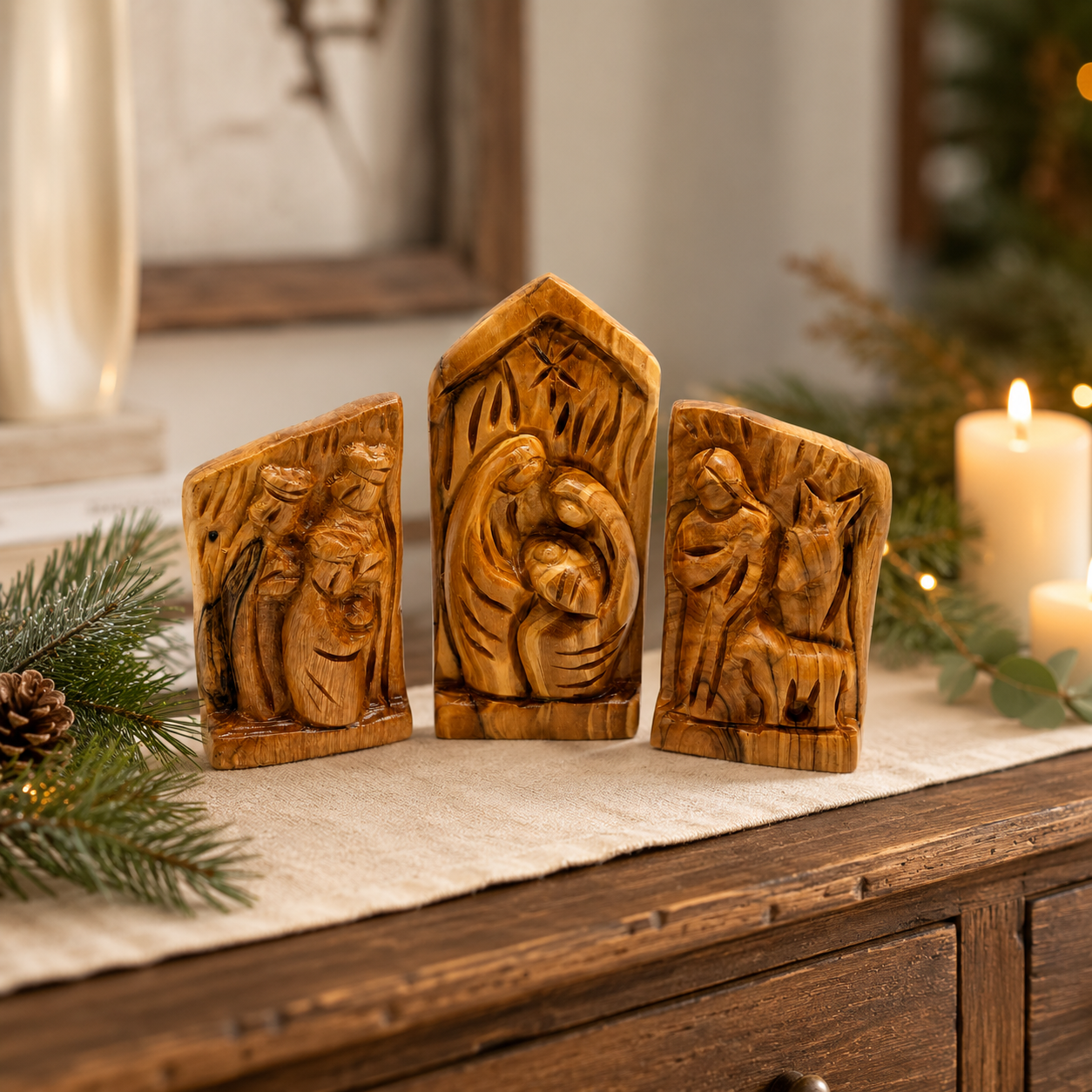 Olive Wood Nativity Set displayed on a Christmas mantel, hand carved olive wood Bethlehem nativity