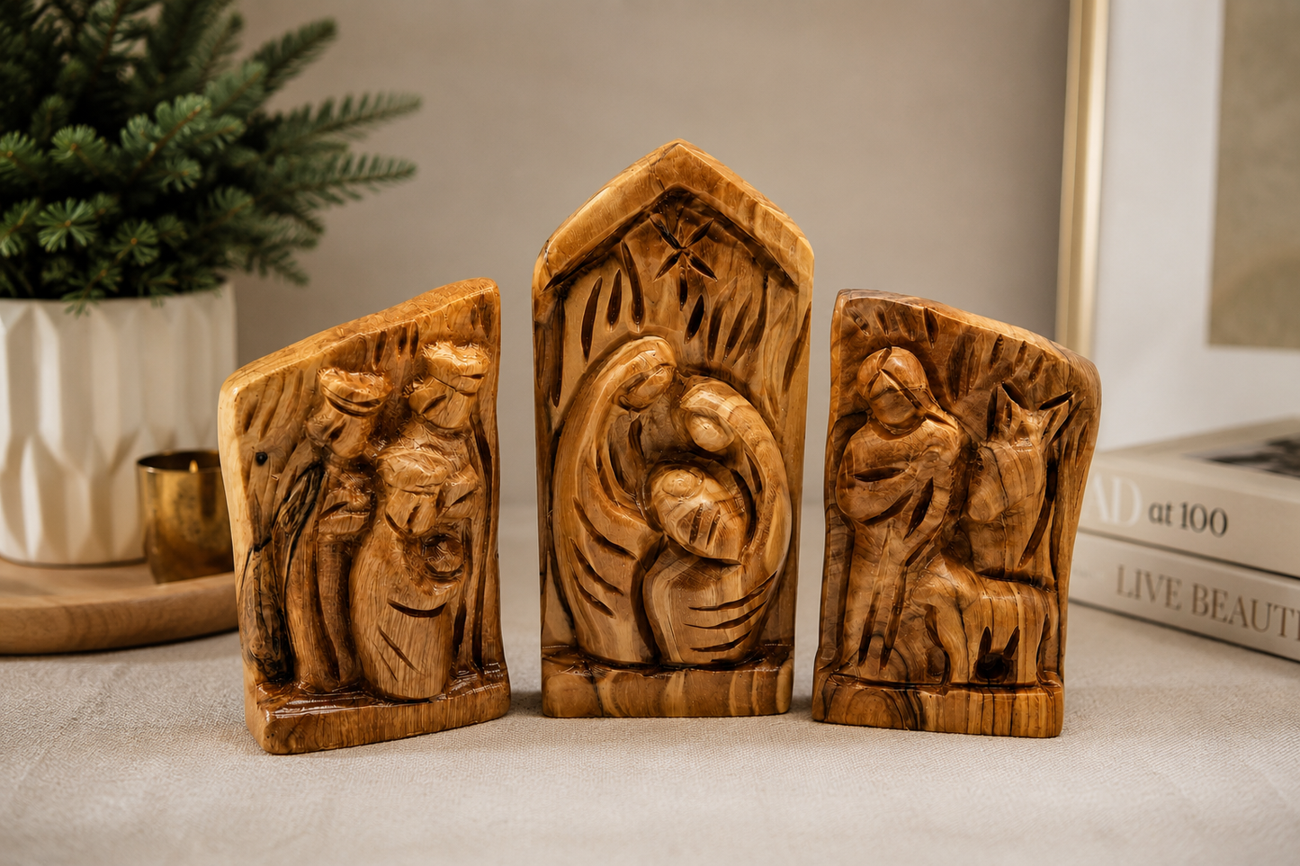 Olive Wood Nativity Set in a modern interior setting, hand carved olive wood from Bethlehem
