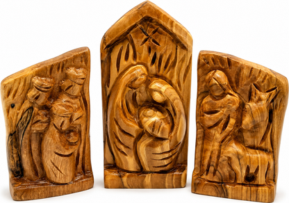 Handmade Olive Wood Nativity Set, 3-Piece Hand Carved Holy Family Relief Panels from Bethlehem, hand carved olive wood from Bethlehem