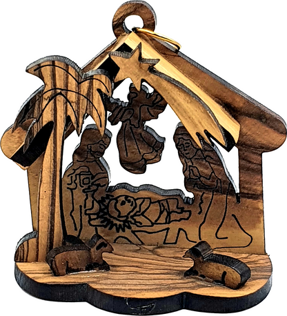 Handmade olive wood Christmas ornament from Bethlehem, hand carved Christian artisan workshop (ORN002)