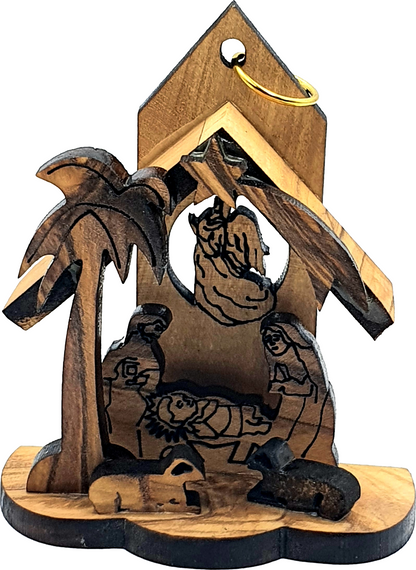 Handmade olive wood Christmas ornament from Bethlehem, hand carved Christian artisan workshop (ORN003)