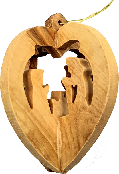 Handmade olive wood Christmas ornament from Bethlehem, hand carved Christian artisan workshop (ORN006)