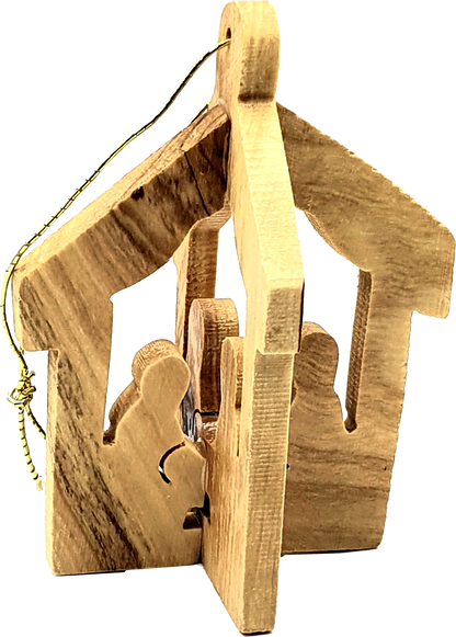 Handmade olive wood Christmas ornament from Bethlehem, hand carved Christian artisan workshop (ORN009)
