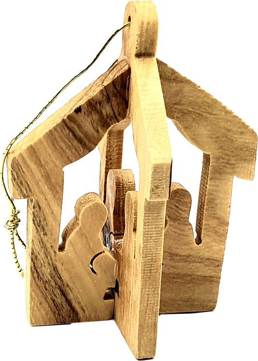 Handmade olive wood Christmas ornament from Bethlehem, hand carved Christian artisan workshop (ORN009)