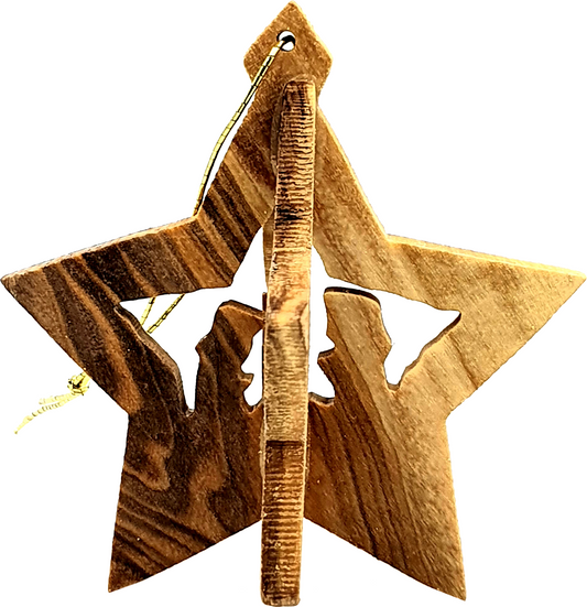 Handmade olive wood Christmas ornament from Bethlehem, hand carved Christian artisan workshop (ORN010)