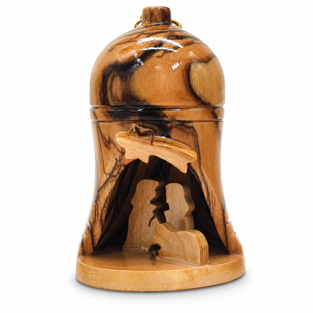 Handmade olive wood Christmas ornament from Bethlehem, hand carved Christian artisan workshop (ORN014)