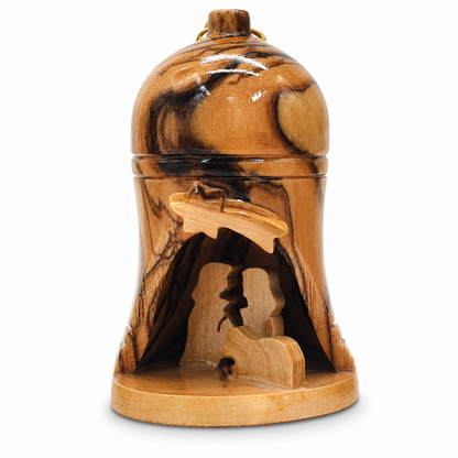 Handmade olive wood Christmas ornament from Bethlehem, hand carved Christian artisan workshop (ORN014)