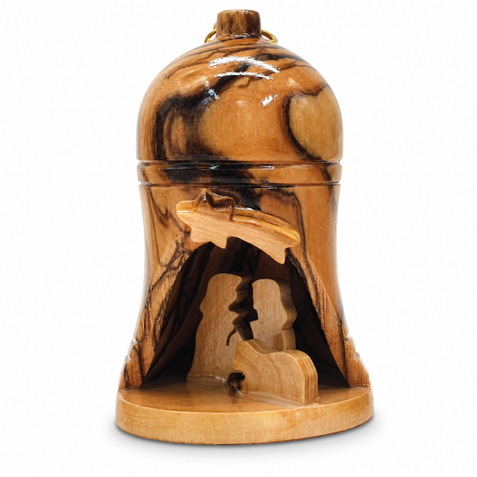 Handmade olive wood Christmas ornament from Bethlehem, hand carved Christian artisan workshop (ORN014)