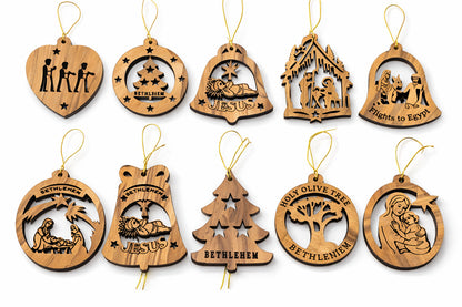 Set of 10 laser-cut olive wood Christian ornaments from Bethlehem with mixed Holy Land designs