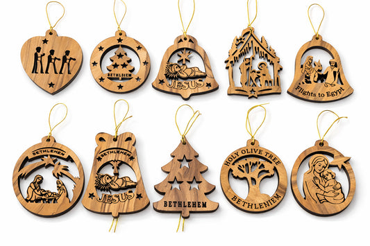 Set of 10 laser-cut olive wood Christian ornaments from Bethlehem with mixed Holy Land designs