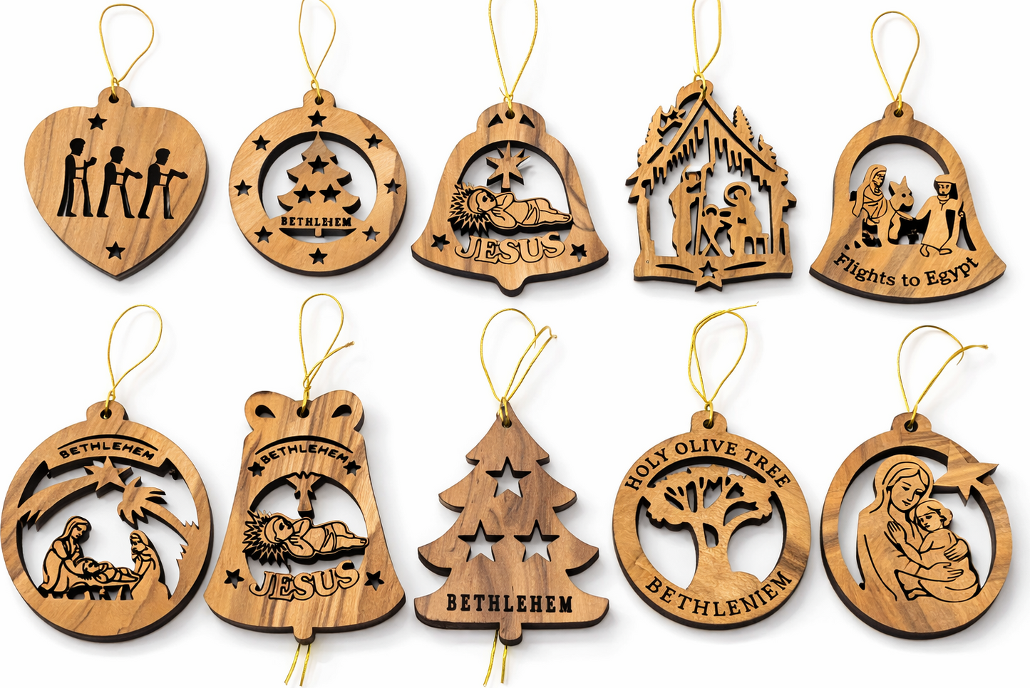 Handmade olive wood Christmas ornament from Bethlehem, hand carved Christian artisan workshop (ORN041)