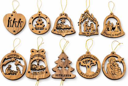 Handmade olive wood Christmas ornament from Bethlehem, hand carved Christian artisan workshop (ORN041)