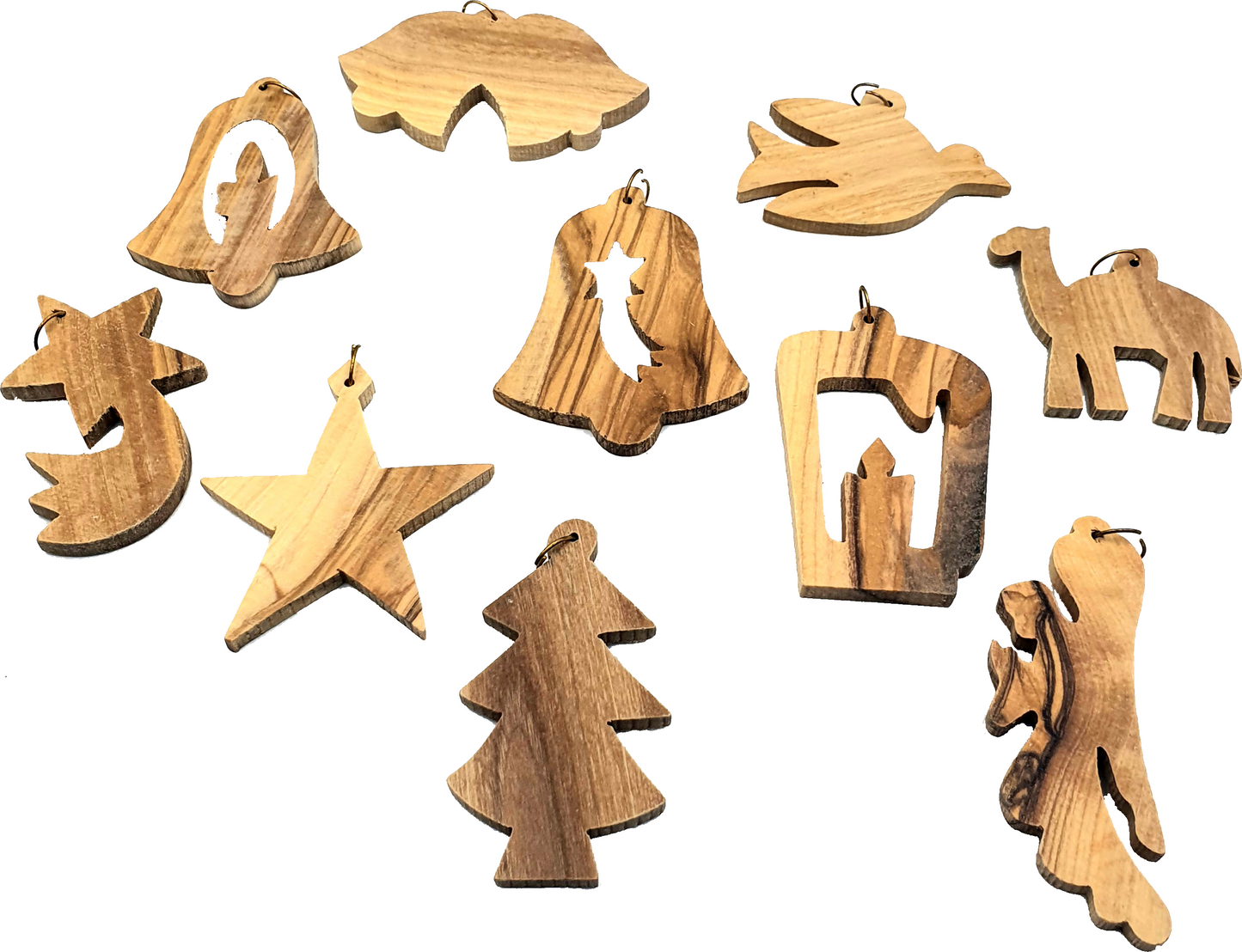 Handmade olive wood Christmas ornament from Bethlehem, hand carved Christian artisan workshop (ORN200)