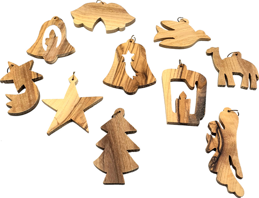 Handmade olive wood Christmas ornament from Bethlehem, hand carved Christian artisan workshop (ORN200)