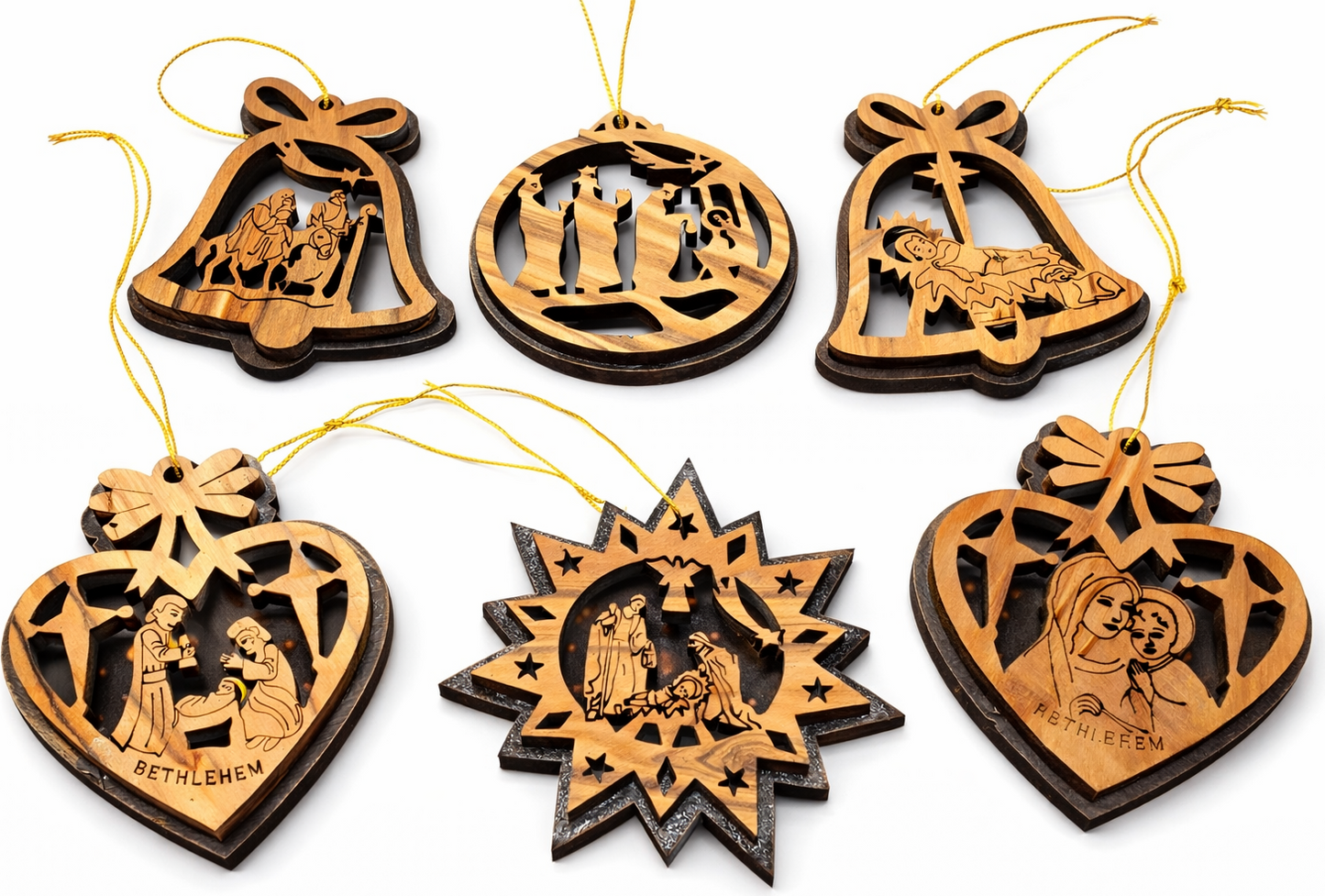 Handmade olive wood Christmas ornament from Bethlehem, hand carved Christian artisan workshop (ORN210)