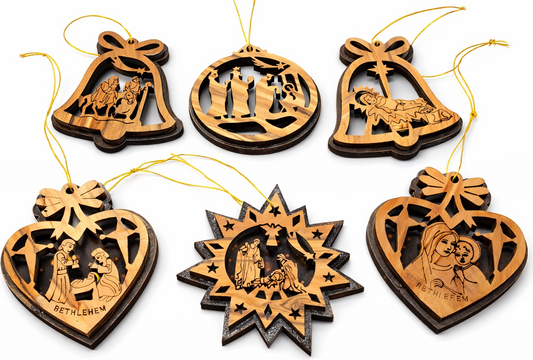 Handmade olive wood Christmas ornament from Bethlehem, hand carved Christian artisan workshop (ORN210)