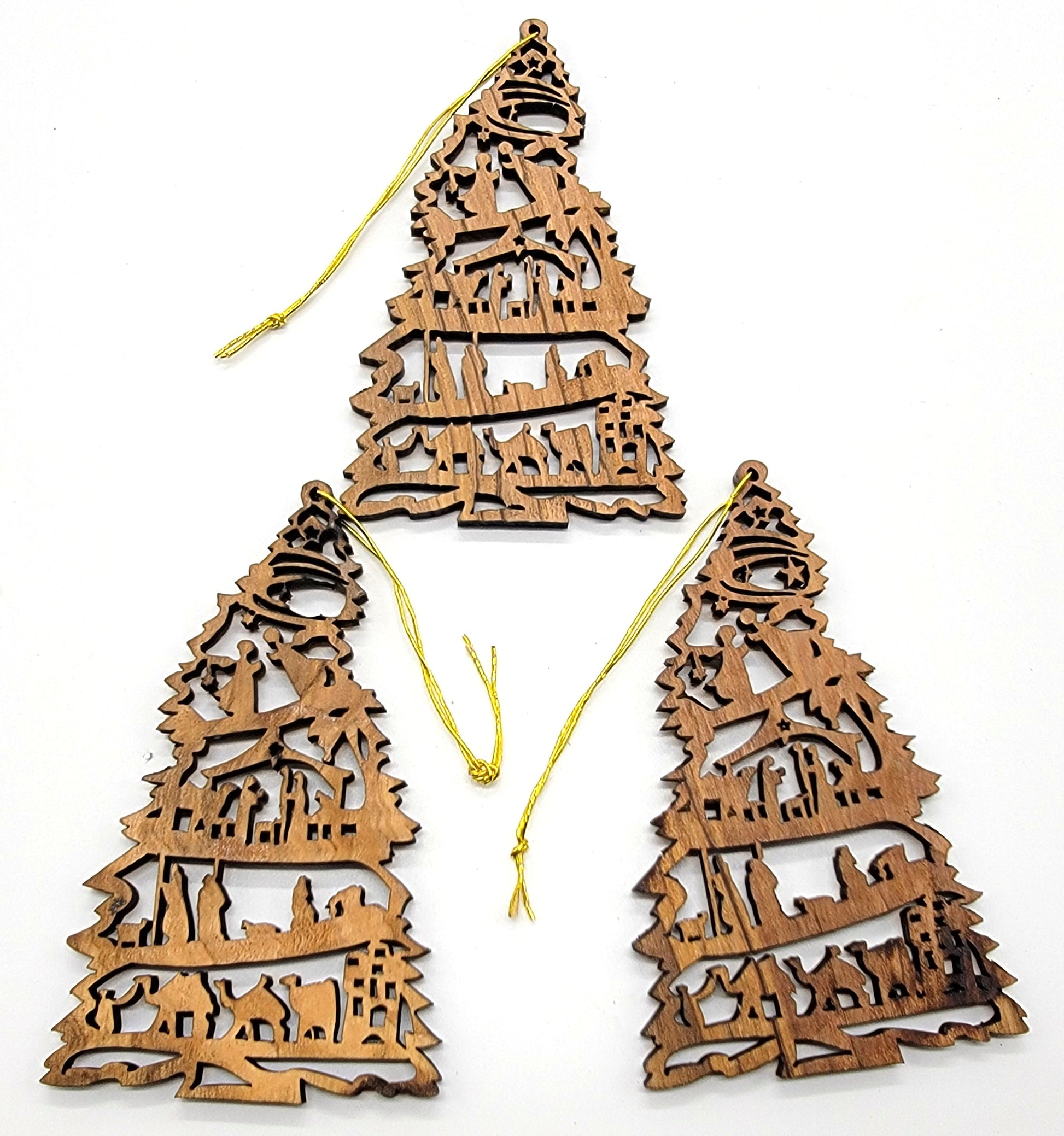 Handmade olive wood Christmas ornament from Bethlehem, hand carved Christian artisan workshop (ORN212)