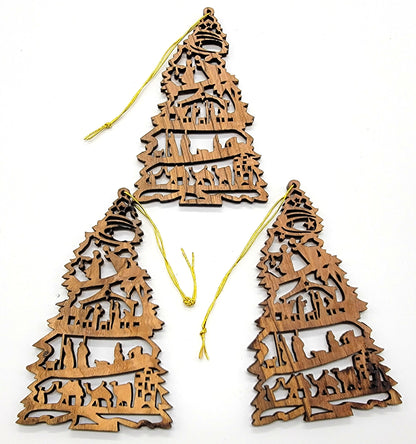Handmade olive wood Christmas ornament from Bethlehem, hand carved Christian artisan workshop (ORN212)