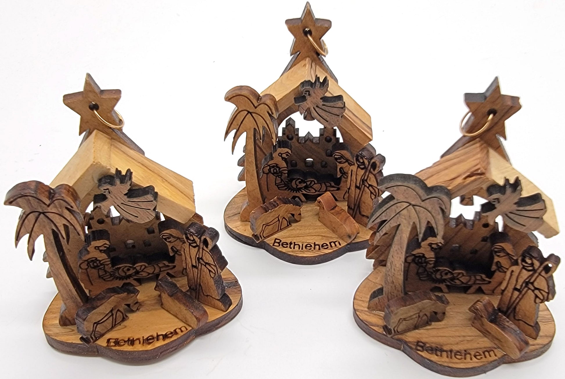 Handmade olive wood Christmas ornament from Bethlehem, hand carved Christian artisan workshop (ORN213)