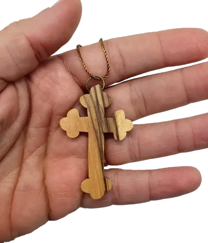 Olive wood orthodox cross pendant necklace