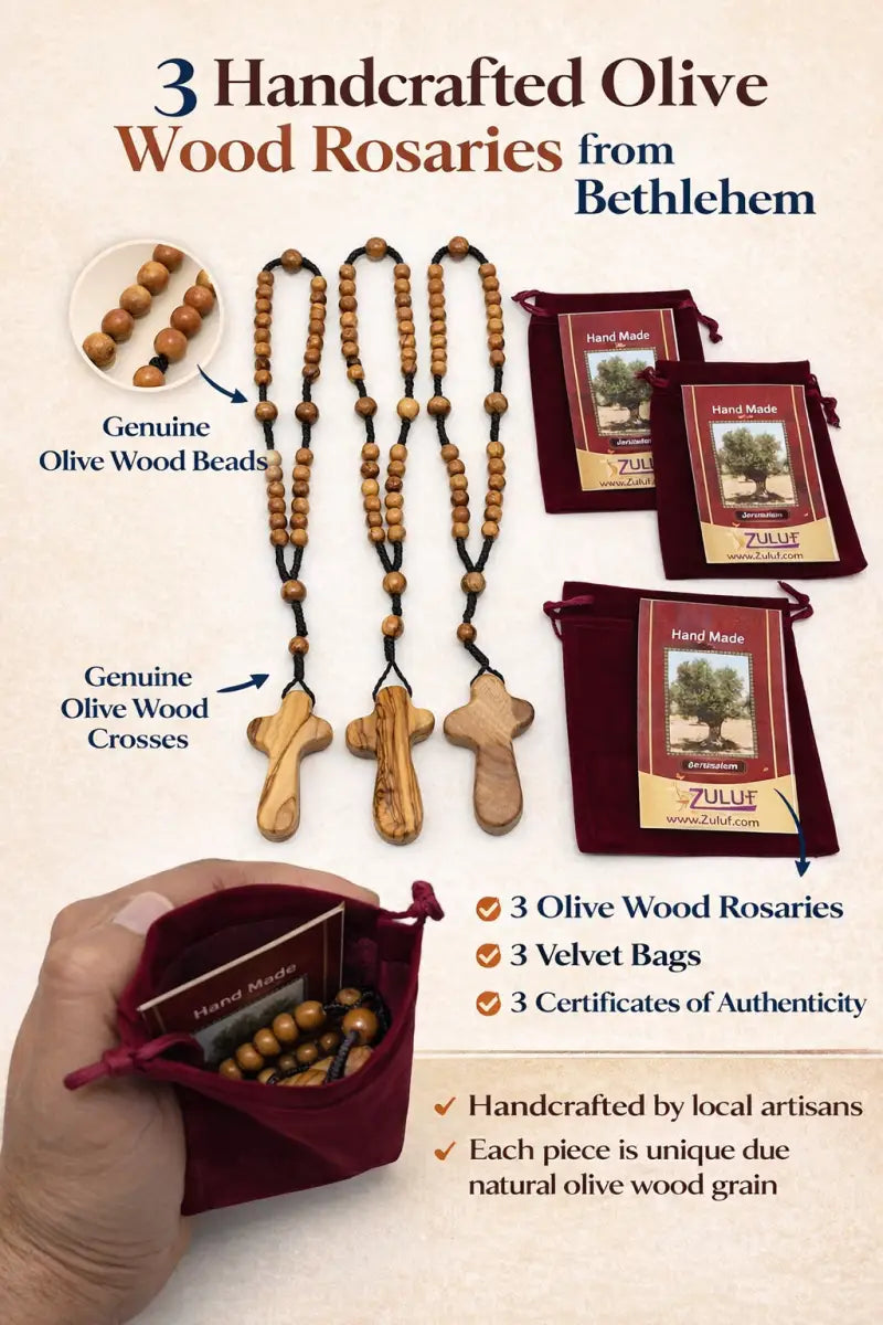 Olive wood rosary handmade in bethlehem – 11” catholic wooden with 33 beads available as 1 piece or set of 3 includes