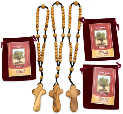 Olive wood rosary handmade in bethlehem – 11” catholic wooden with 33 beads available as 1 piece or set of 3 includes