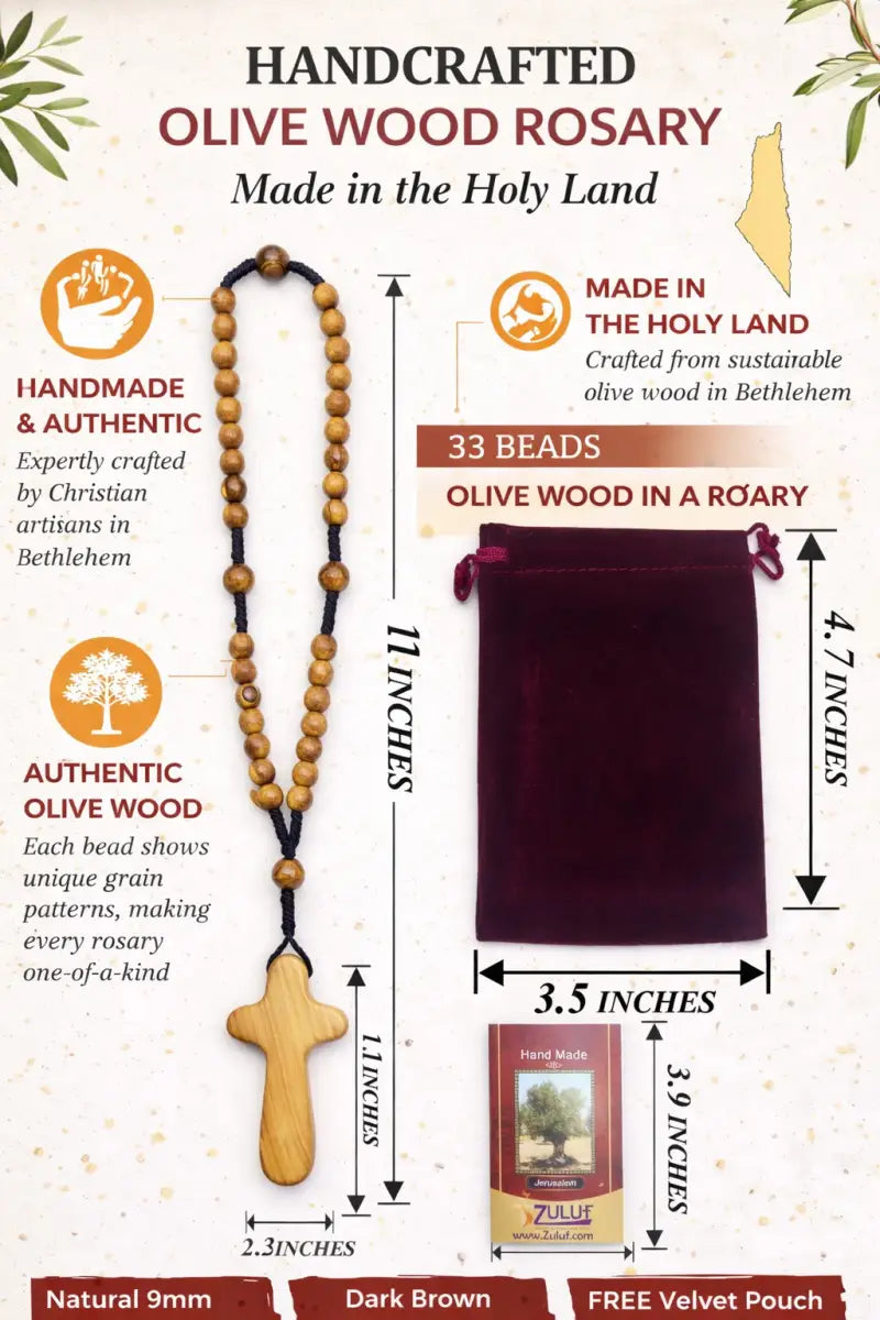 Olive wood rosary handmade in bethlehem – 11” catholic wooden with 33 beads available as 1 piece or set of 3 includes