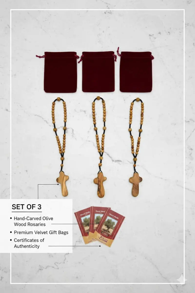 Olive wood rosary handmade in bethlehem – 11” catholic wooden with 33 beads available as 1 piece or set of 3 includes