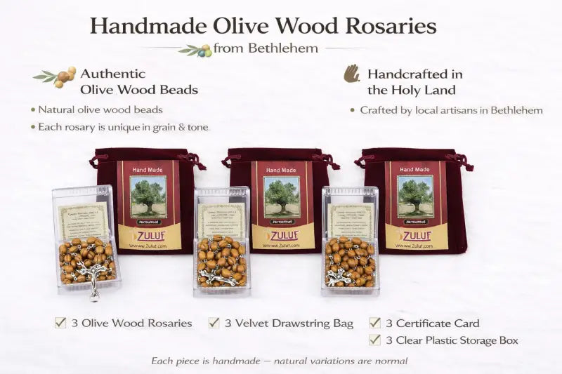Olive wood rosary handmade in bethlehem – 21.6” catholic with metal crucifix includes velvet bag plastic gift box &