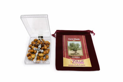 Olive wood rosary handmade in bethlehem – 21.6” catholic with metal crucifix includes velvet bag plastic gift box &