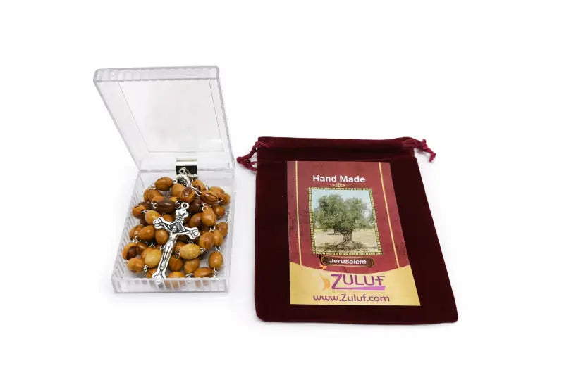 Olive wood rosary handmade in bethlehem – 21.6” catholic with metal crucifix includes velvet bag plastic gift box &