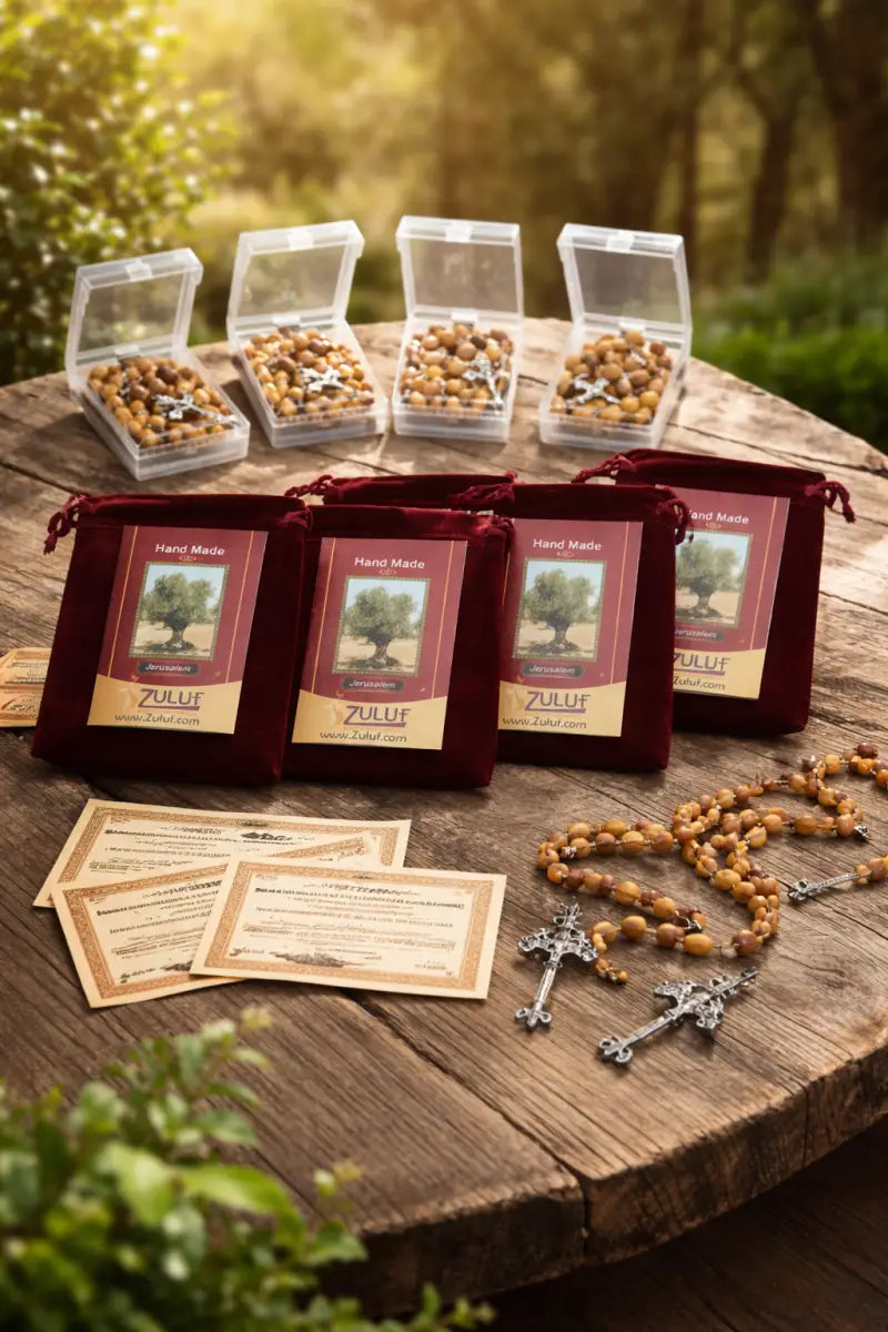 Olive wood rosary handmade in bethlehem – 21.6” catholic with metal crucifix includes velvet bag plastic gift box &
