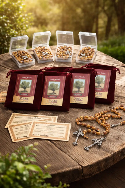 Olive wood rosary handmade in bethlehem – 21.6” catholic with metal crucifix includes velvet bag plastic gift box &