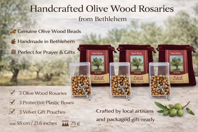 Olive wood rosary handmade in bethlehem – 21.6” catholic with metal crucifix includes velvet bag plastic gift box &