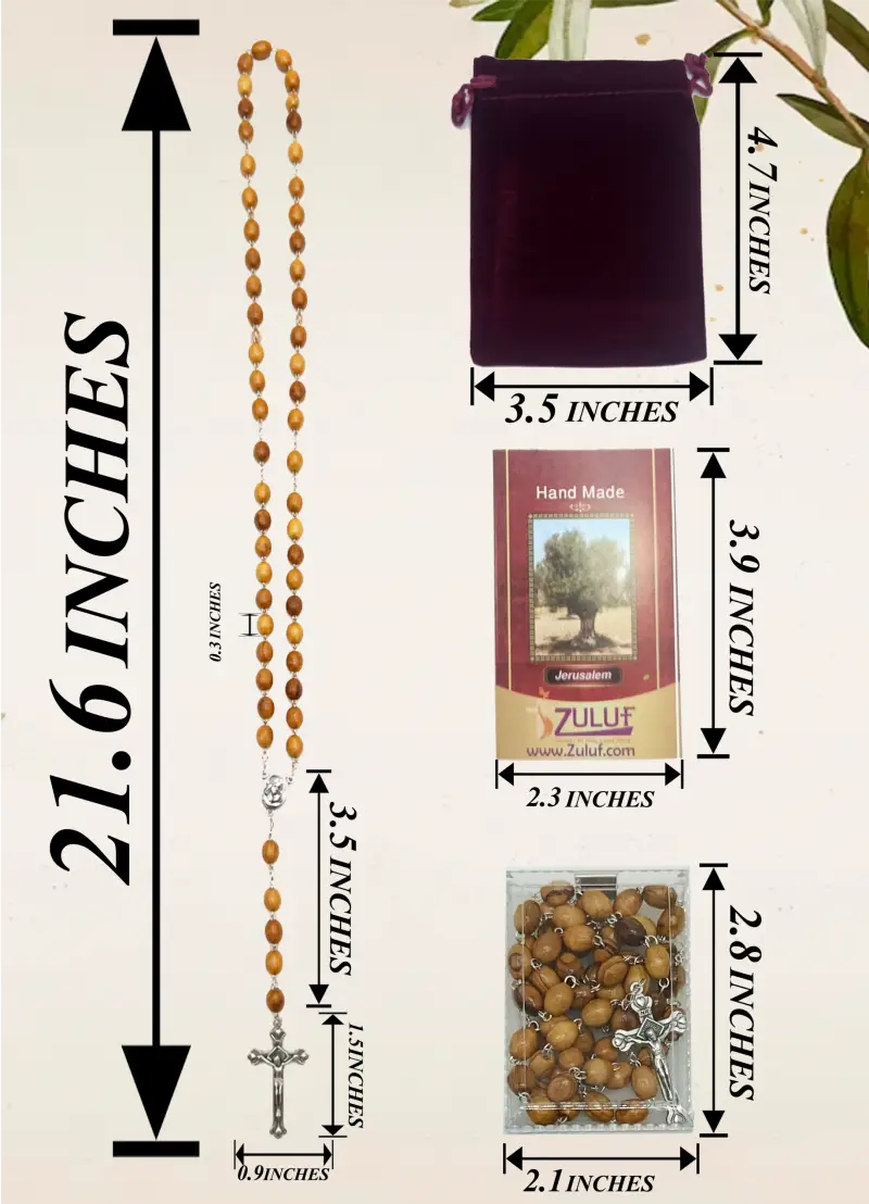 Olive wood rosary handmade in bethlehem – 21.6” catholic with metal crucifix includes velvet bag plastic gift box &